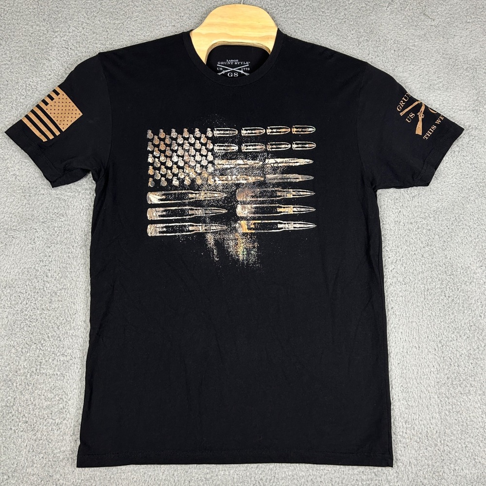 Grunt Style Shirt Mens Large Black Short Sleeve Real Tree Bullet American Flag